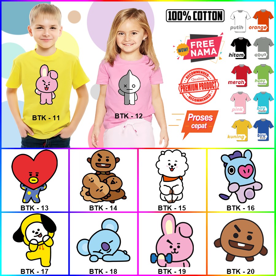 Baju Kaos ANAK DAN DEWASA KEKINIAN KARAKTER bt21 bt 21 COUPLE (FREE NAMA)