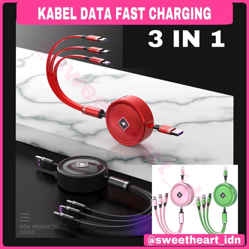 PREMIUM Kabel Charger 3 in 1 Fast Charger iOS + Micro USB + Type C Kabel Data Roll Tarik