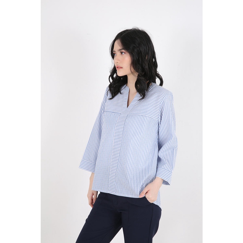 Sorabel - Kenyia Stripe Collar Neck Basic Blouse / Kemeja Wanita Lengan Panjang-5