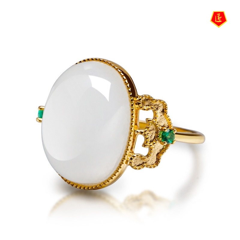 [Ready Stock]New Ear Studs White Jade Pendant Open Ring Set for Women