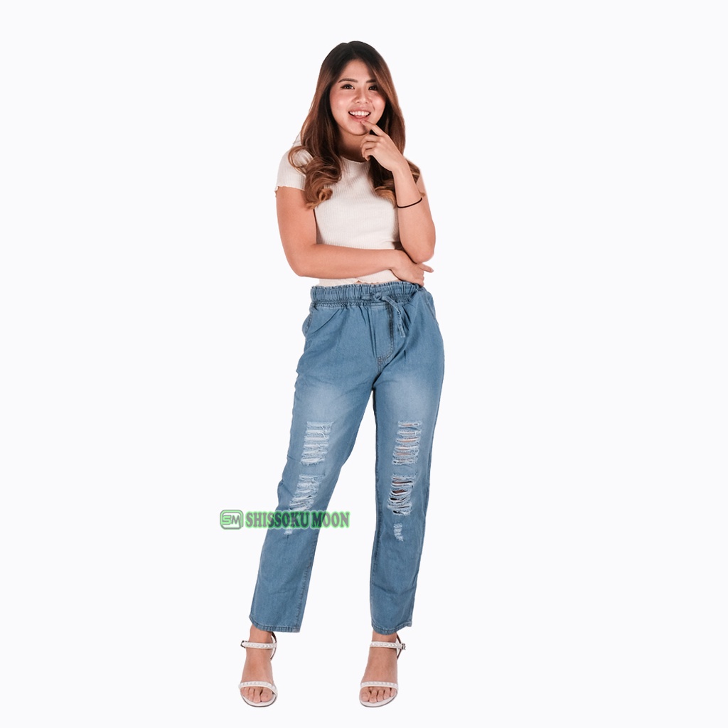 Celana Panjang Wanita Model Baggy Ripped Bahan Denim