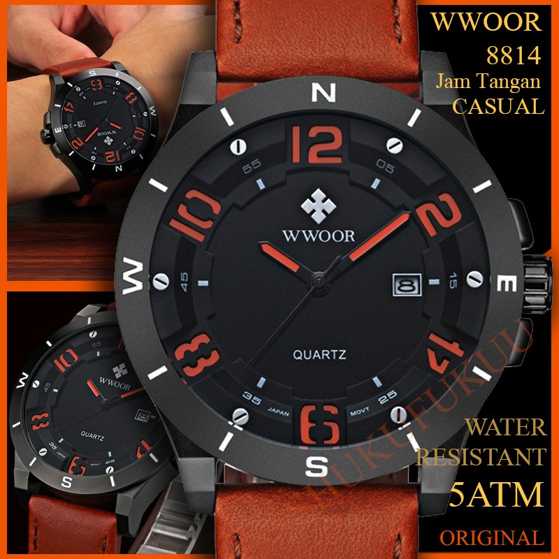 WWOOR 8814 Jam Tangan Kasual Pria Tali Kulit ORANGE Black Original