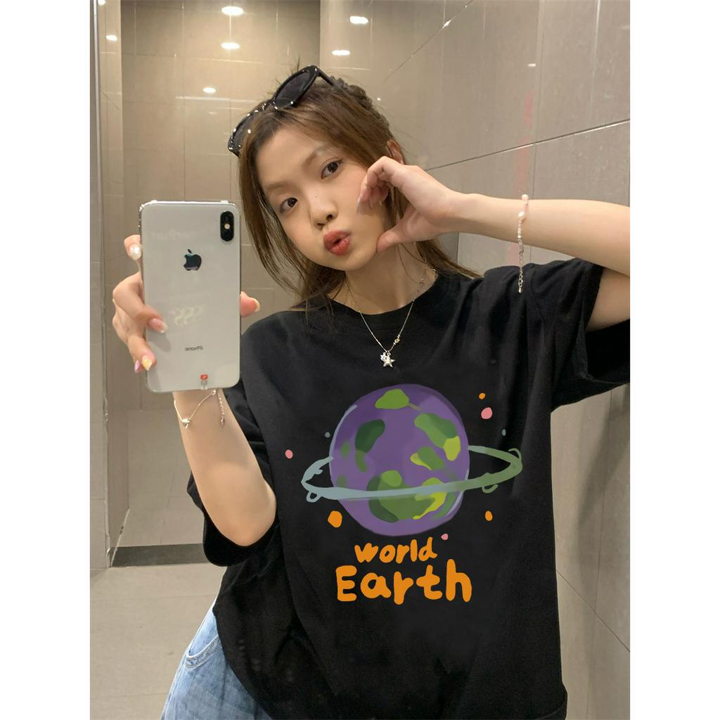 EUNII T-shirt Lengan Pendek Cartoon Earth World Korean Style/Kaos Atasan Wanita/Baju Kaus Oversize Wanita/Kaos Wanita