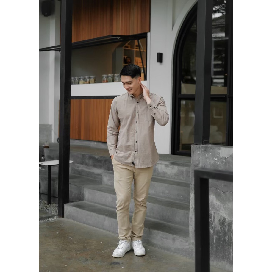 NESS kemeja katun linen panjang kemeja katun lengan panjang kemeja pria bahan katun  linen kemeja pria atasan pria lengan panjang kemeja panjang katun kemeja katun panjang 03 KHAKI