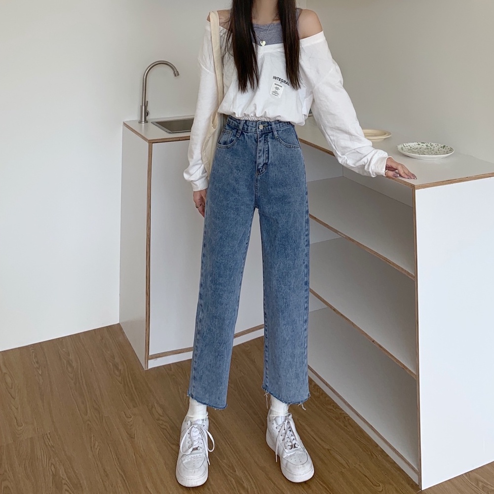 Import Premium Bergaya Highwaist Loose Straight Rawis Celana Jeans Panjang Wanita