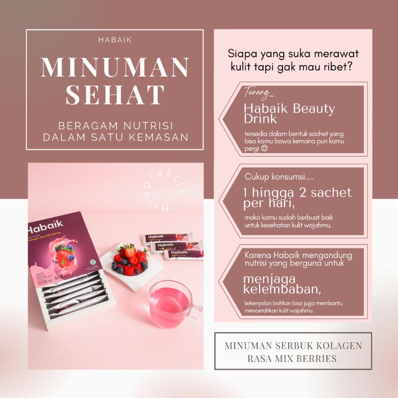 

Minuman Sehat Isi 10 Sachet - Berupa Serbuk Kolagen Rasa Mix Berries - Habaik Beauty Drink untuk Kesehatan Kulit