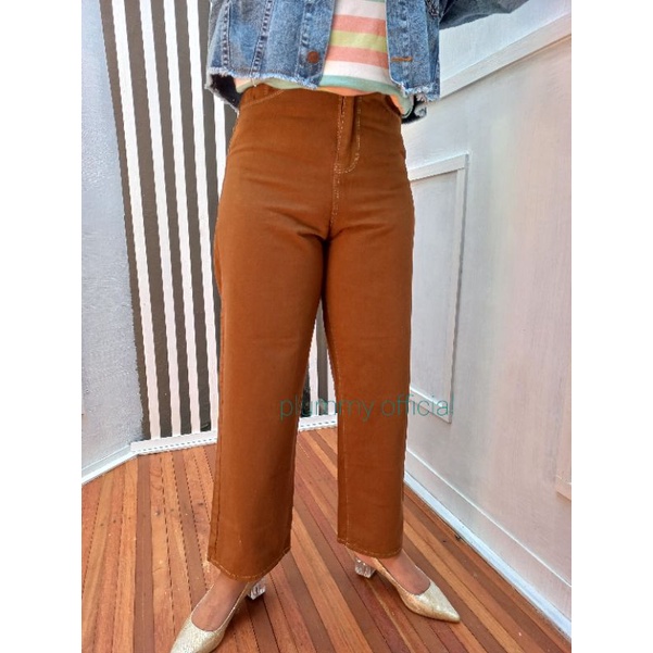 Celana Kulot Jeans Unfinished Latte Wanita Rawis Pastel Cream Highwaist Fashion