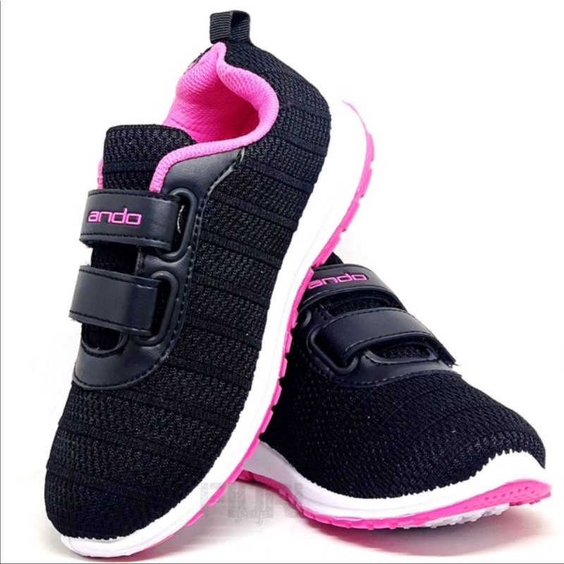 Sepatu Anak Perempuan Cewek Kecil Sekolah Kekinian Ando Annie Rebecca Saga Velcro Perekat Hitam Pink Size 29 - 32