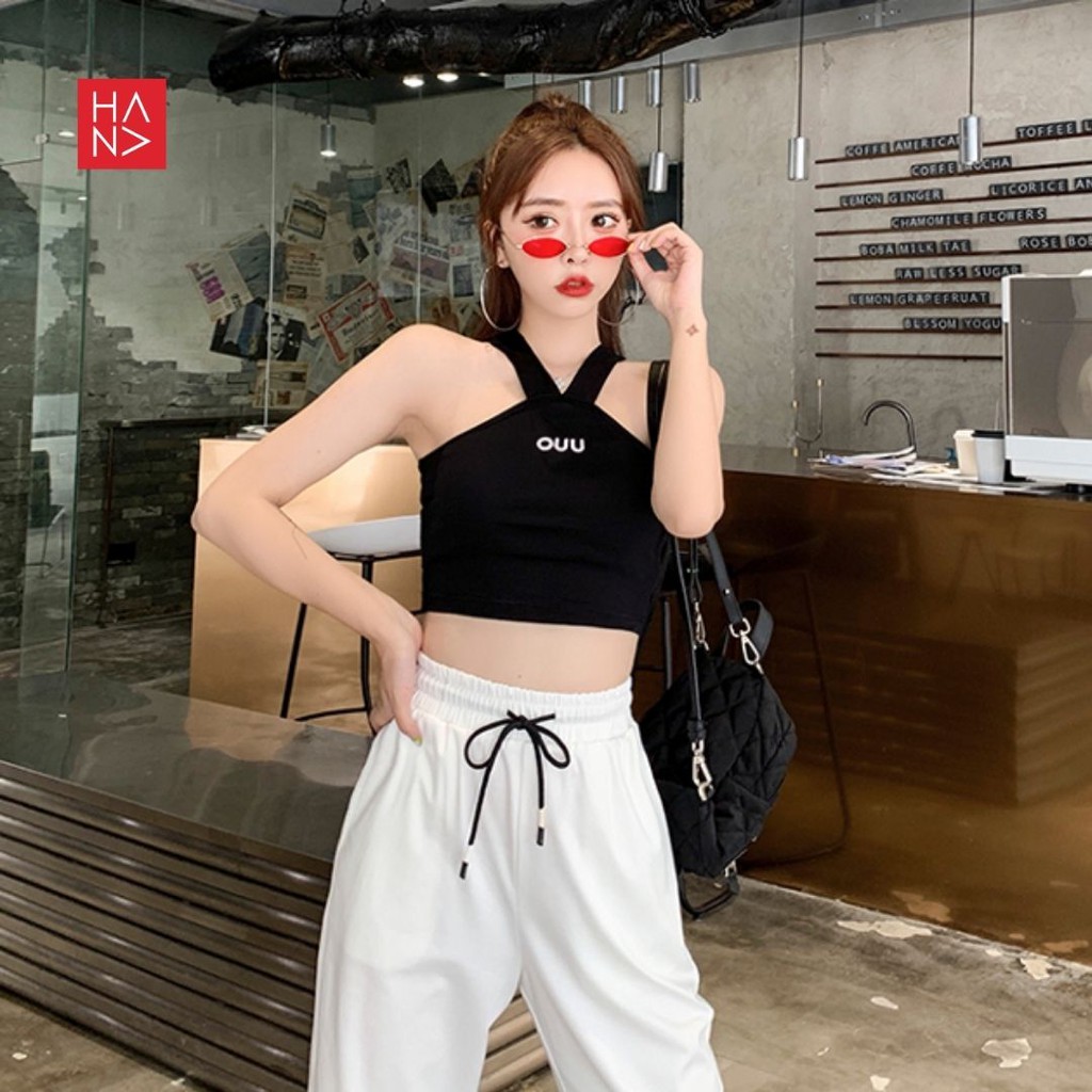 Hana Fashion - V-Rope Casual Crop Tank Top Sablon Wanita Tali V - TT004