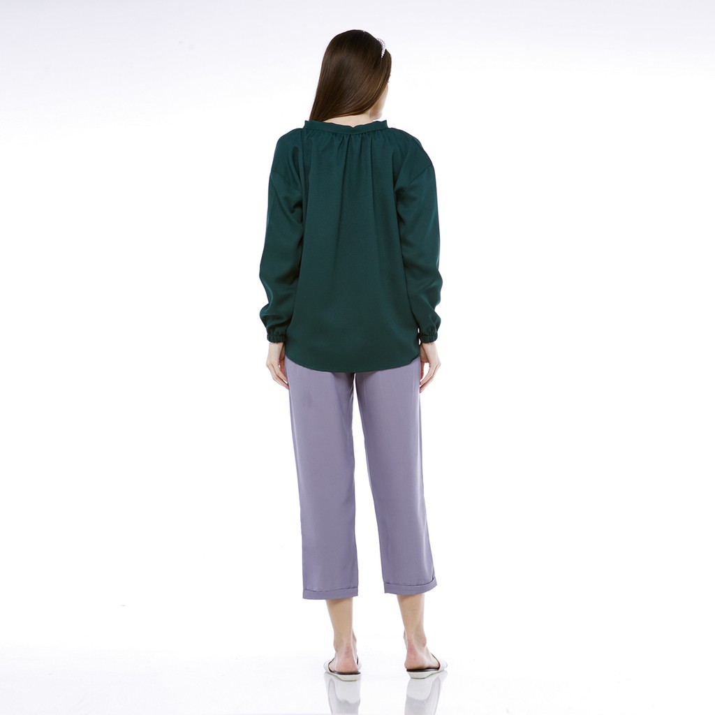 IE.DEMODE Leah Atasan Blouse Wanita Oversize Lengan Panjang Polos Hijau-3