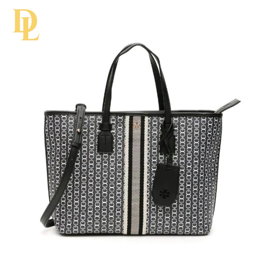 TORY BURCH TOTE BAG GEMINI LINK CANVAS BLACK