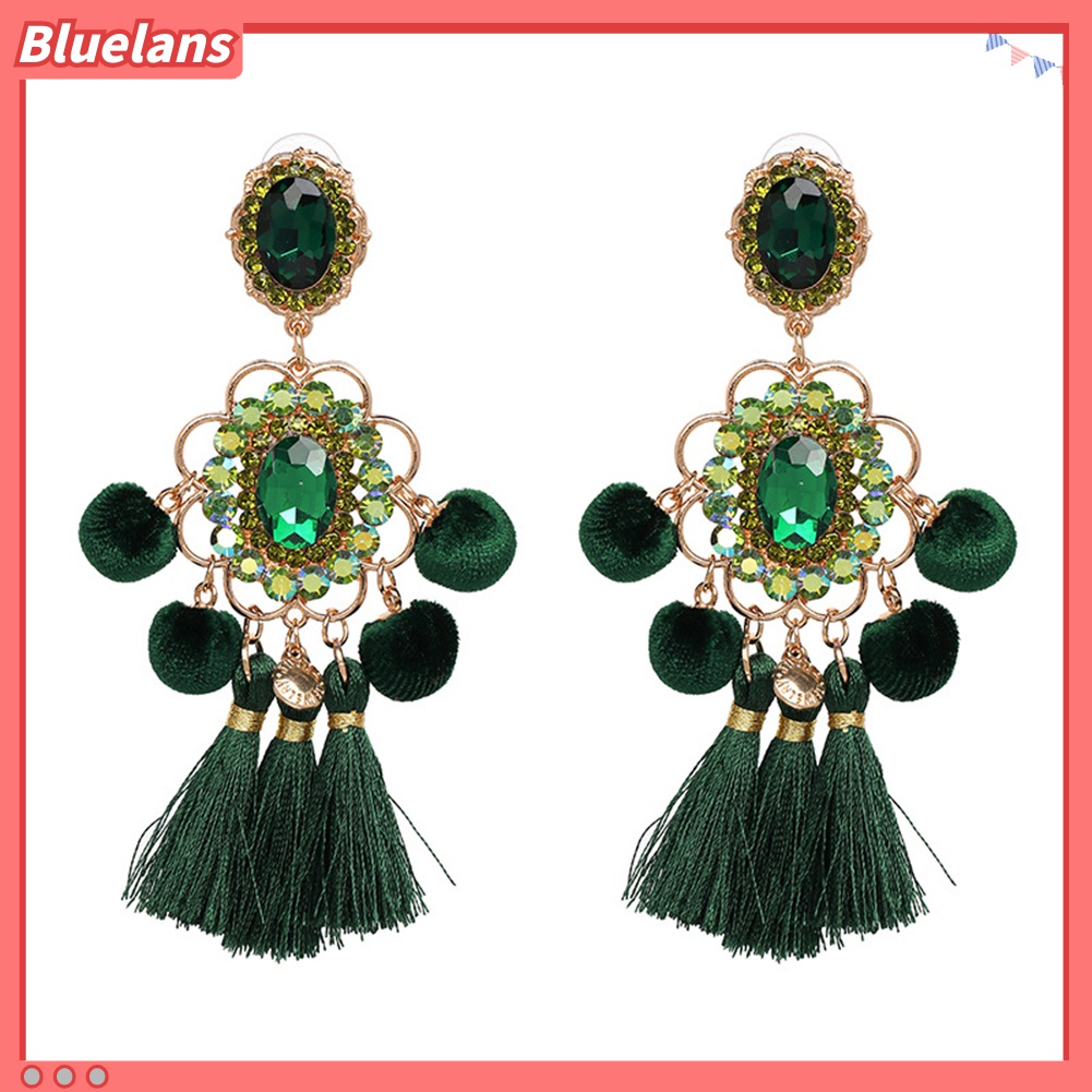 Anting Stud Tassel Pompom Bunga Berlian Imitasi Untuk Wanita