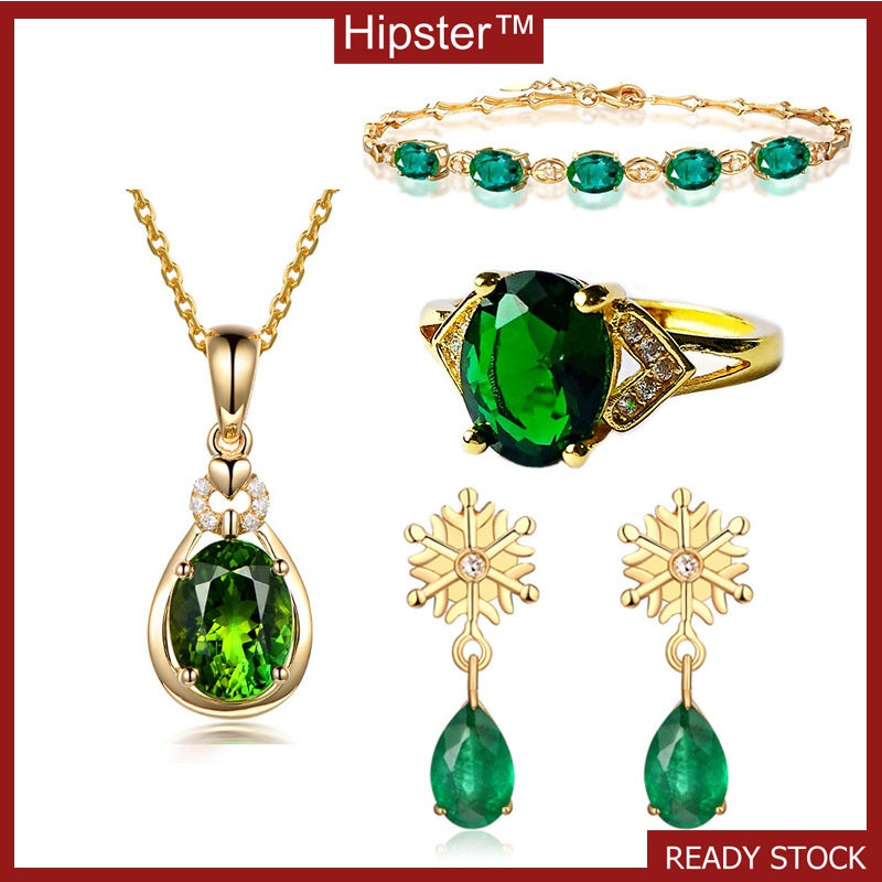 Set Light Luxury Bracelet Emerald Ring Snowflake Green Crystal Stud Earrings Gold Necklace