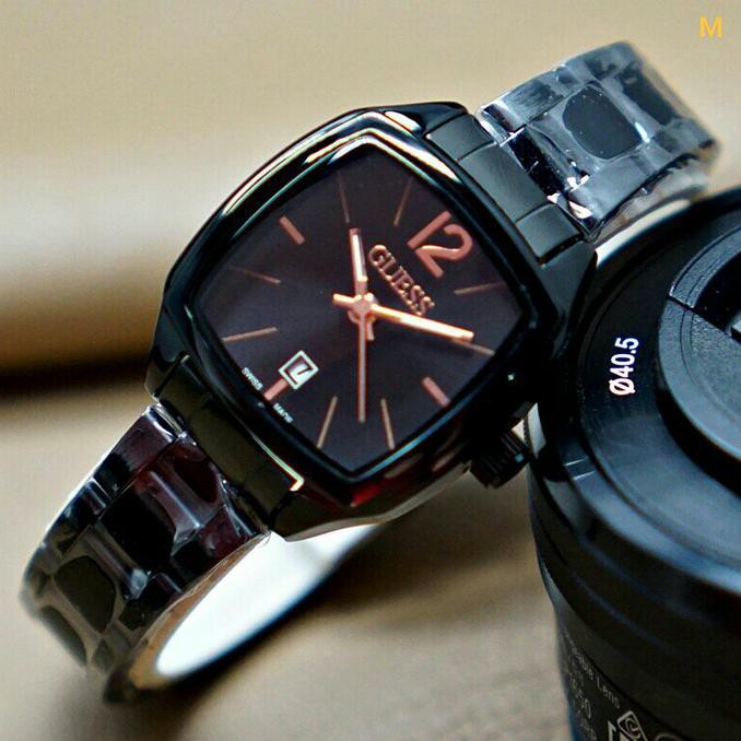 KUALITAS TERBAIK JAM TANGAN WANITA / CEWEK GUESS SEGI RANTAI FULL BLACK TERLARIS