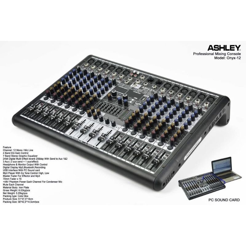 MIXER ASHLEY 12 CHANNEL ONYX 12 ORIGINAL BLUETOOTH USB RECORDING