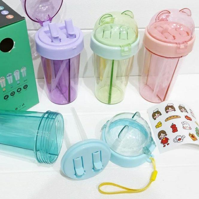 ☁ BOTOL MINUM DUA SISI/BOTOL 2 TEMPAT KEPALA BERUANG 420 ML ADA SEDOTAN DAN TALI FREE STICKER ➯
