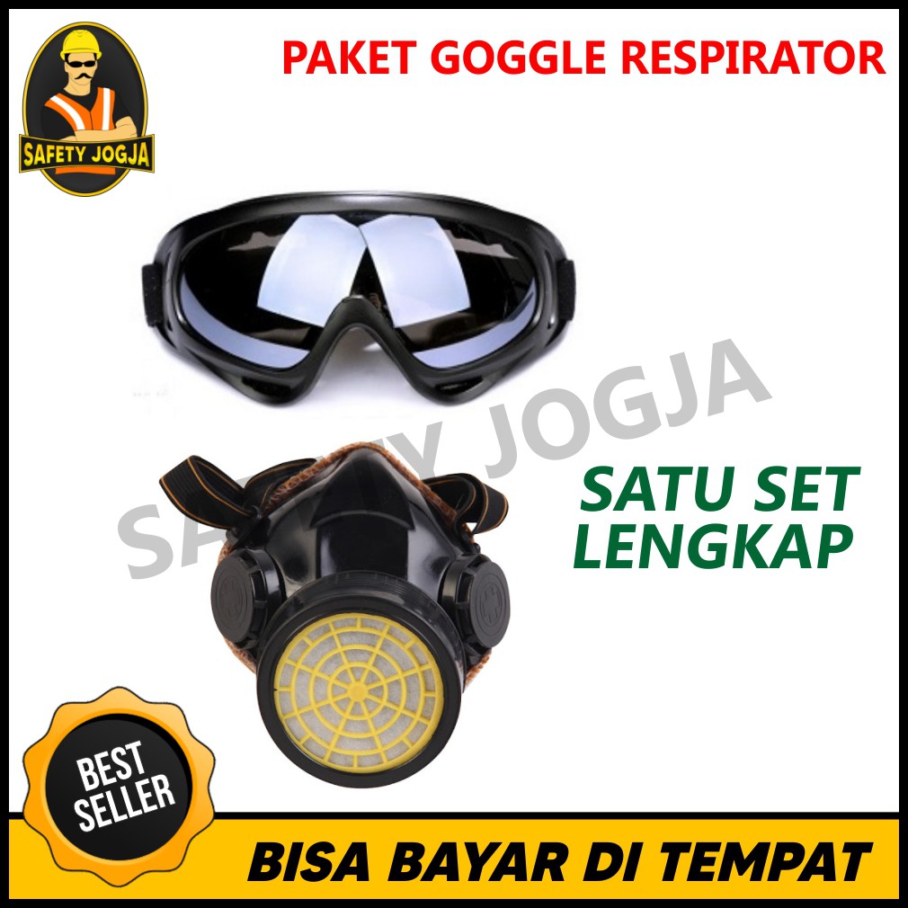 SET MASKER RESPIRATOR KACAMATA GOGGLE ANTI KIMIA GAS AIR MATA