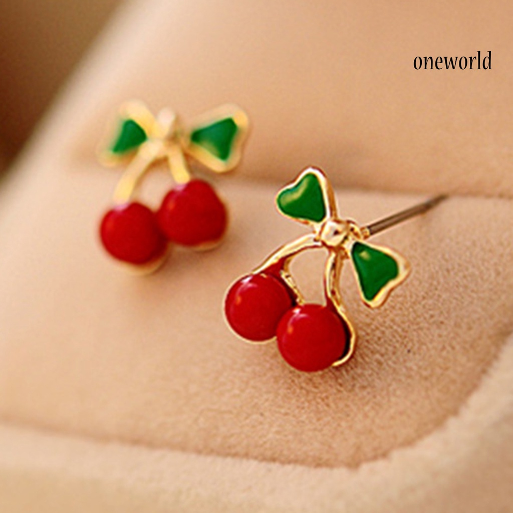 OW# 2Pcs Stud Ear Ring Colorful Decorative Golden Color Cherry Stud Earring for Dressing Room