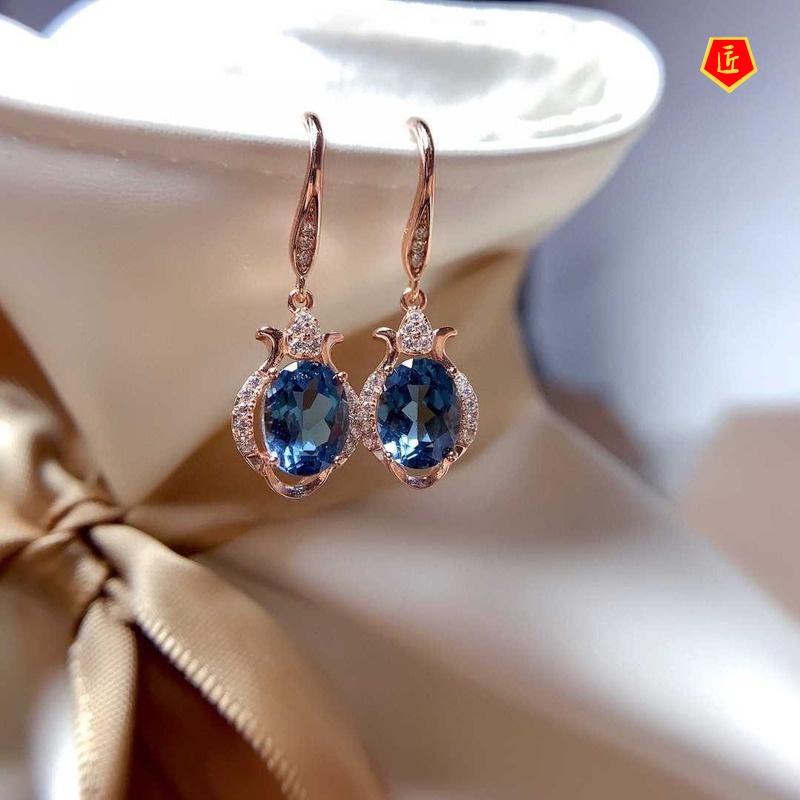 [Ready Stock]Natural Blue Topaz Earrings Female Pt950