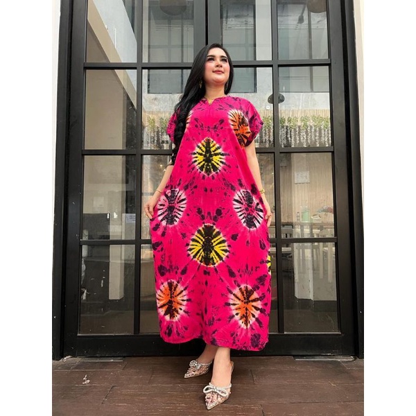 Daster panjang galaran kancing depan busui tali samping motif viral tiedye shibori-SK Yuppy Pink