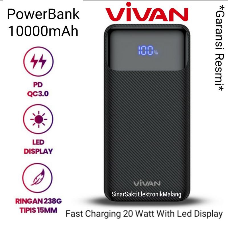 Vivan Powerbank Power Bank 10000 mAh Fast Charging 20 Watt 3.0 Type C LED 2 Output Quick Charge