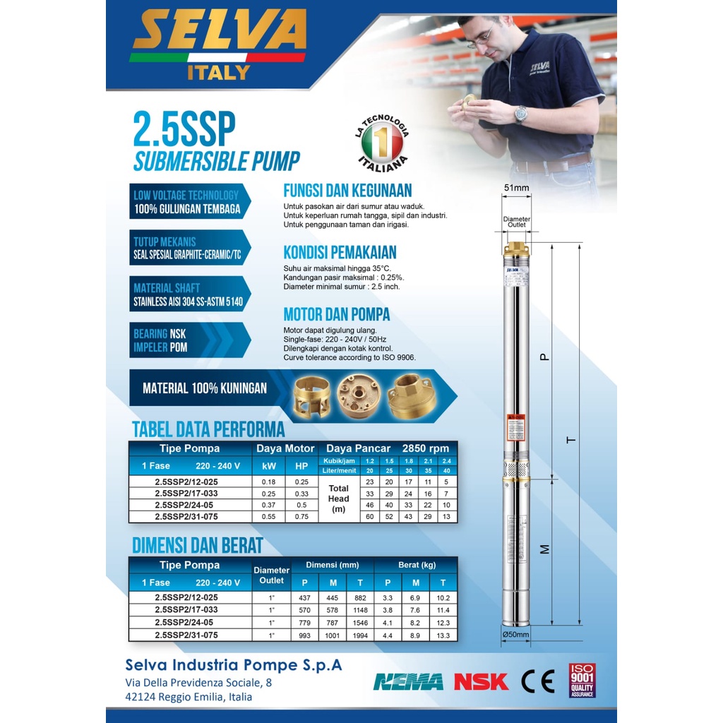 Pompa Air Celub Satelit 2.5 Inch 0.25 0.33 0.50 0.70Hp 220V 2.5SSP1.5 SELVA / Submersible Pump Celup 2.5&quot; Kabel 30M