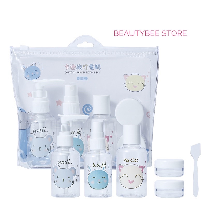 BOTOL TRAVEL SET MOTIF CAT ISI 6 + POUCH (SY1039)