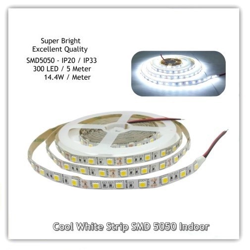 Led Strip Tempel Flexible Ceiling Indoor 5 Meter Putih White IC SMD 5050 IP33 Dc 12V Cocok dipakai Diplafon Pencahayaan diRuangan Etalase Dan di dalam mobil