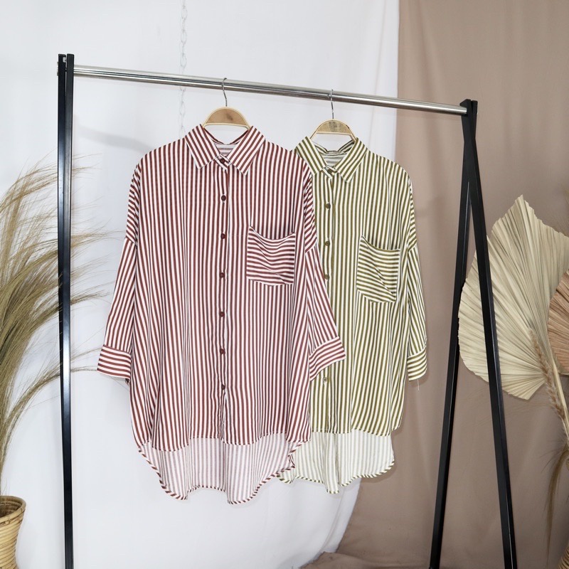 BEFAST - ZFS OOTD Wanita Kemeja ANI / NAZHA OVERSIZE SHIRT RAYON DIAMOND / Kemeja Salur / Kemeja Oversize Trendy / OOTD Ala Korean Style / Kemeja Lengan Panjang Terbaru 2022 / Kem Garis-Garis Oversize / Terlaris / Termurah