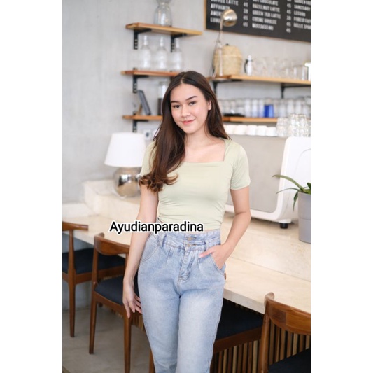 SQUARE CROP TOP DOUBLE LAYER SABRINA BLOUSE ATASAN WANITA