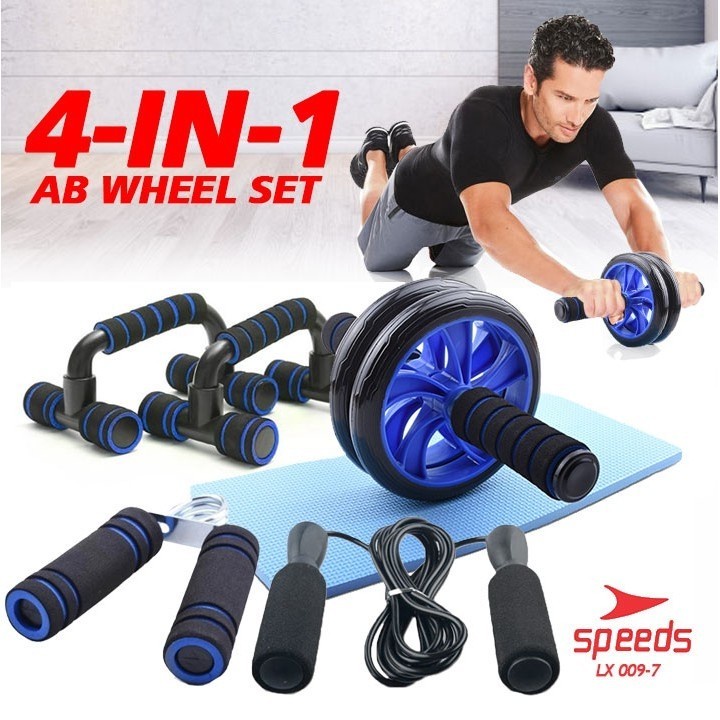 Set olahraga otot perut ABS Ab Wheel Roller Alat Push Up 4in1 009-7