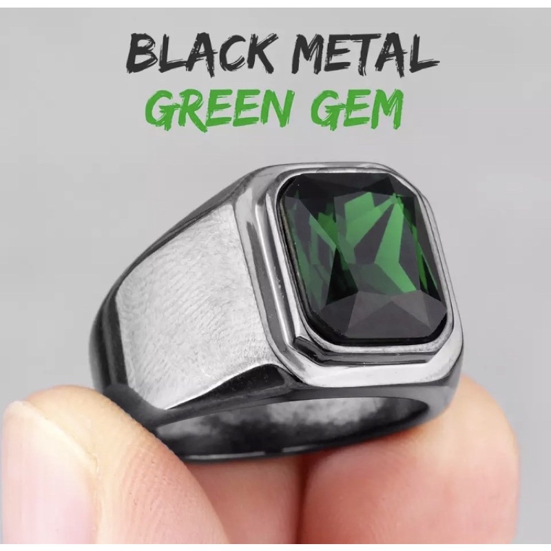 Cincin Pria Octagon Batu Emerald Green Cutting Akik Zamrud Hijau Ring Black Gun Platted Titanium Stainless Steel Tahan Luntur dan Karat