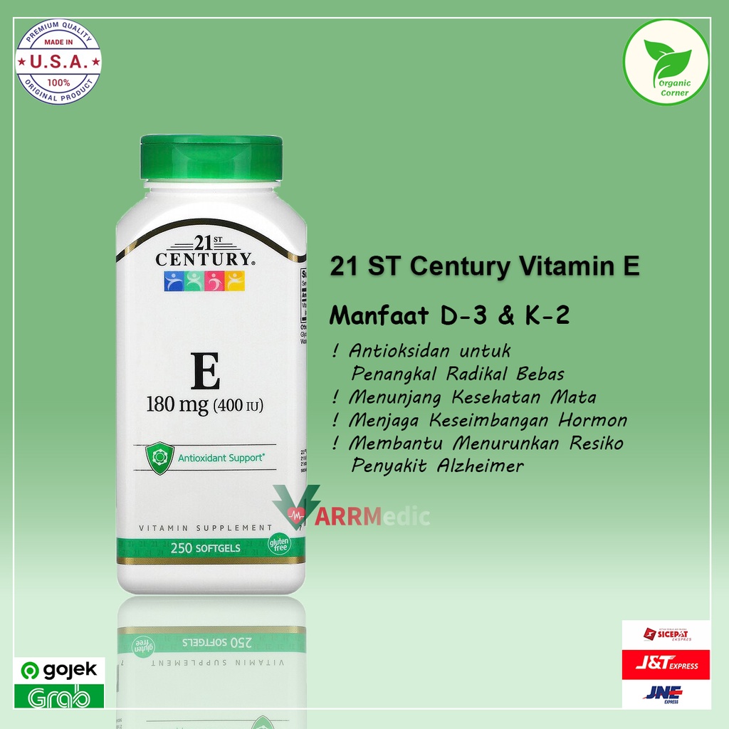 21st Century, Vitamin E, 180 mg (400 IU), 250 Kapsul Gel Lunak