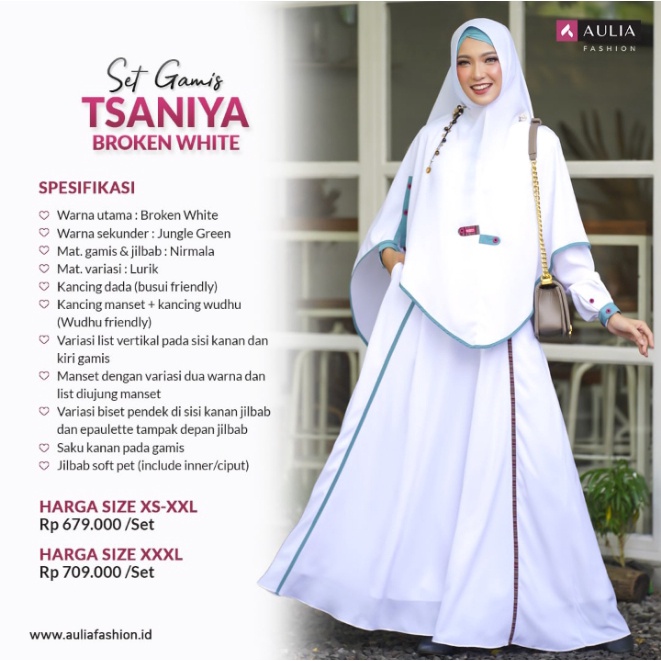 SET GAMIS SYARI DAN KOKO SARIMBIT TSANIYA BROKEN WHITE ORI AULIA FASHION PUTIH COUPLE