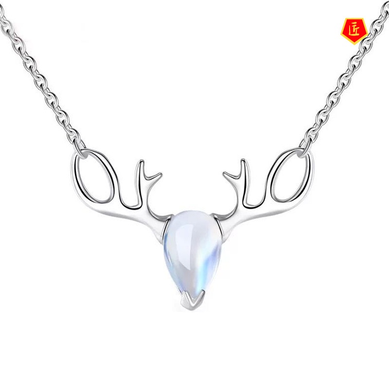 [Ready Stock]S925 Elk Necklace Women's Japanese and Korean Style Moonstone Pendant Simple Design