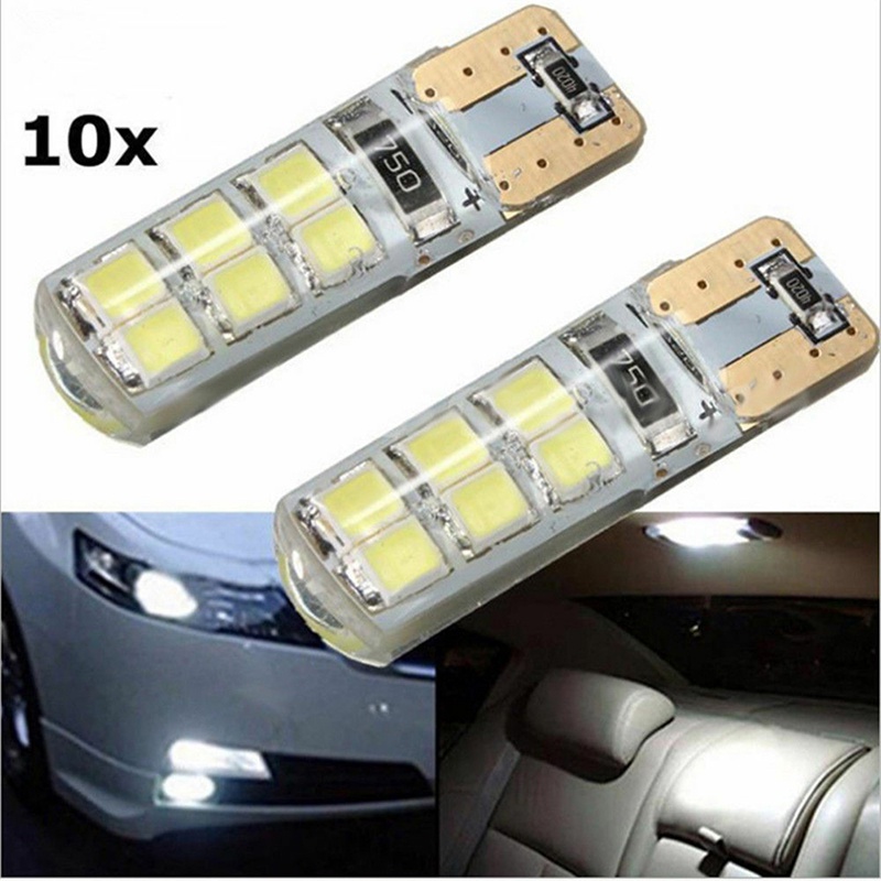 (LUCKID) 10pcs Lampu Xenon T10 W5W 12-SMD 2835 LED Canbus Error Bahan Silica