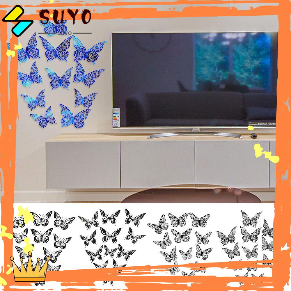 Suyo 12pcs Stiker Dinding Desain Butterfly Warna Biru &amp; Hitam