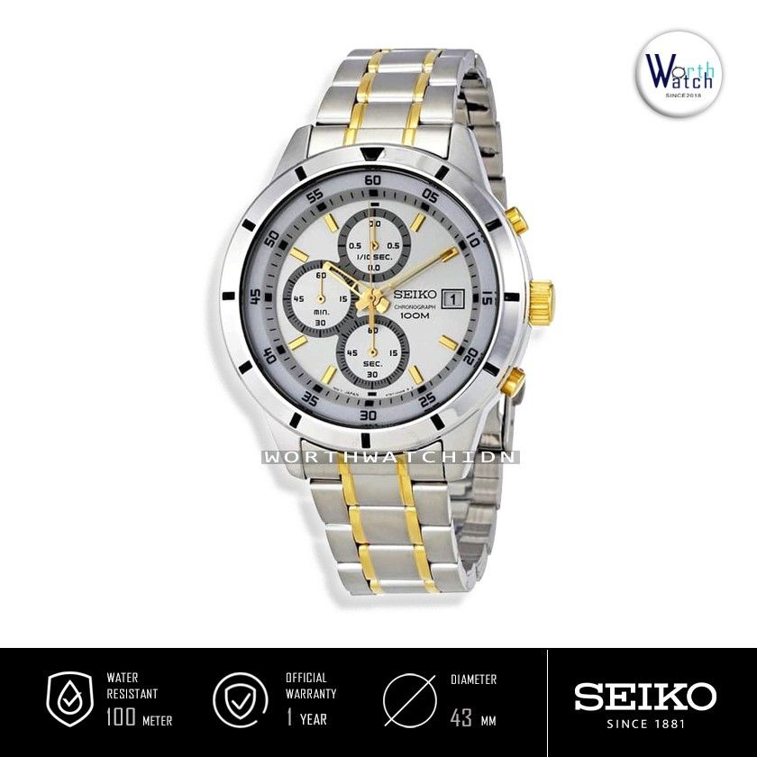 Jam Tangan Pria Branded Seiko Chronograph Dual Tone Stainless Steel 100M Water Resistance SKS-563-P1