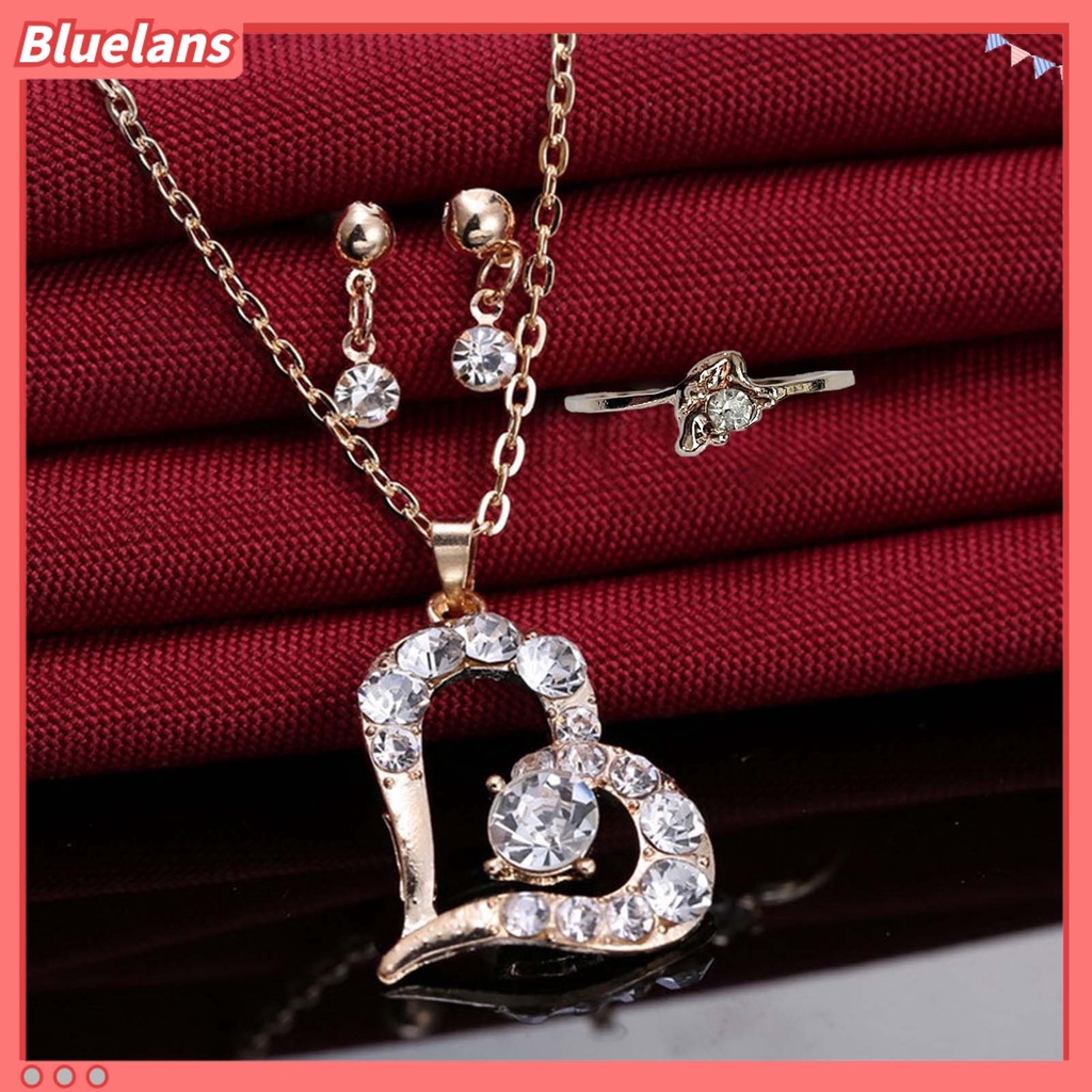 Bluelans Luxury Love Heart Pendant Rhinestone Necklace Ring Earrings Women Jewelry Set