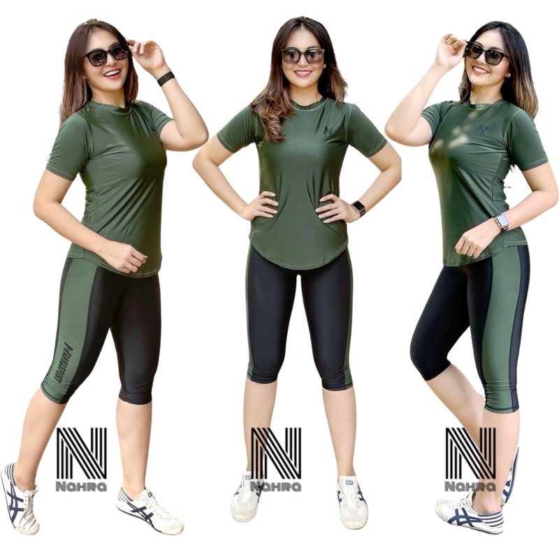 Baju Senam Olahraga N Nahrasport Army Hitam / Set Atasan Legging 2in1 / Setelan Senam Olahraga Aerob