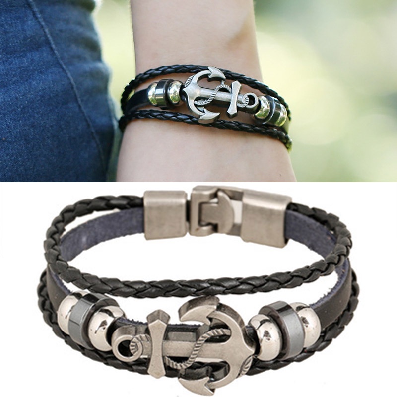 Gelang Multilayer Bahan Kulit Aksen Jangkar Gaya Eropa Amerika