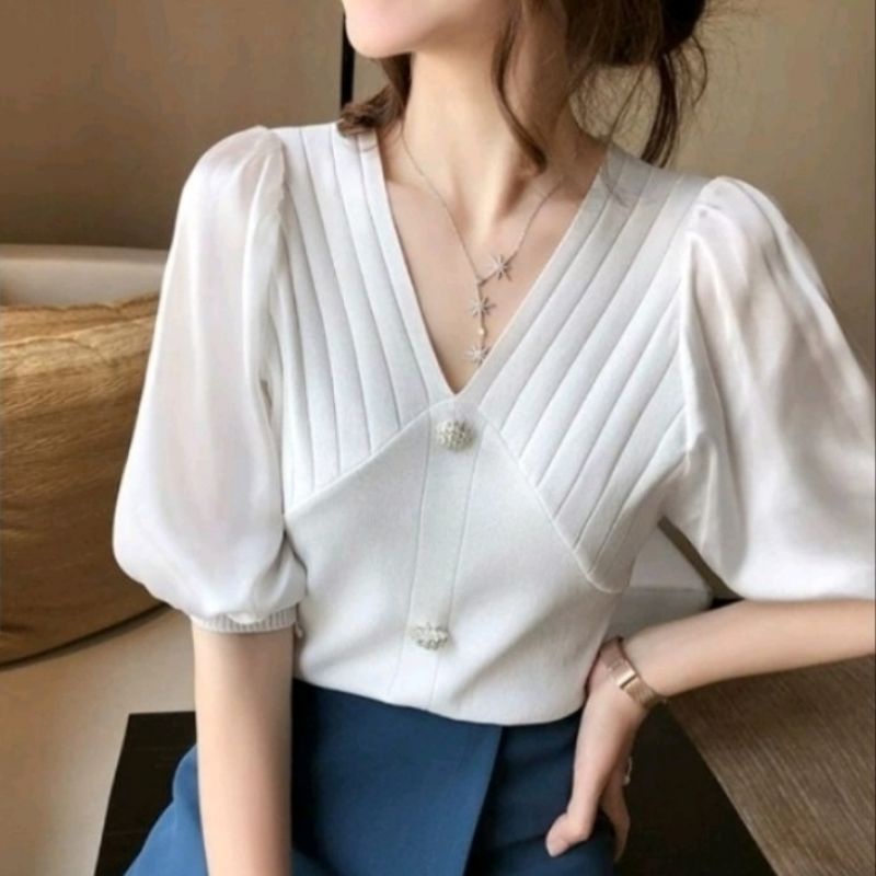 VANESA Knit V Neck Tops Blouse Wanita Lengan Pendek - Baju Atasan Import Bahan Rajut Polos Kombinasi