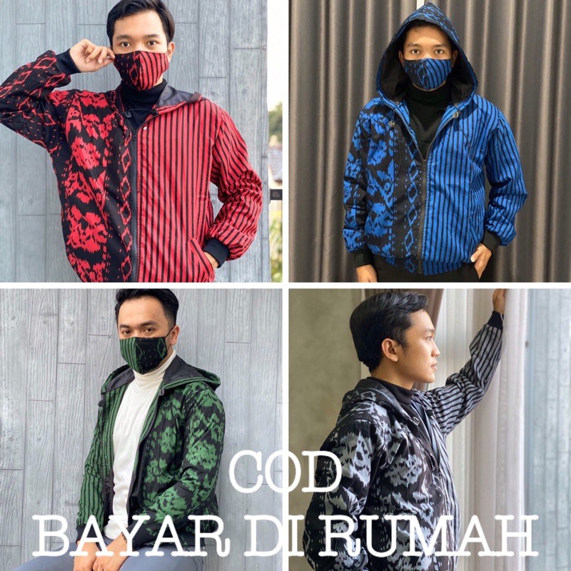Jaket Batik Bolak Balik Pria Wanita Kualitas Premium Bahan Katun mix Parasut Free Masker