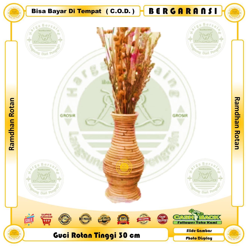 Guci Rotan Tinggi 30 cm - Vas Bunga Rotan 30 cm - Ramdhan Rotan - Pasu Bunga Bentuk Guci Bahan Rotan