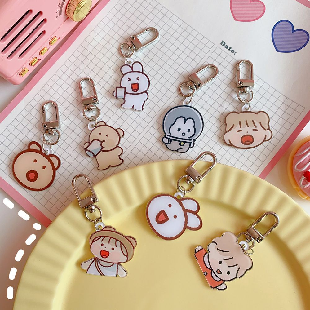 ROW Girly Heart Keychain Acrylic Ornaments Pendant Cartoon Pattern Little Bear Cute Bunny Schoolbag Ornaments