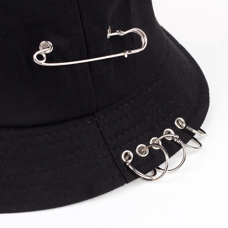 Voron Monochrome iron pin rings personality topi bucket unisex cotton fisherman hat topi bucket pria topi bucket wanita