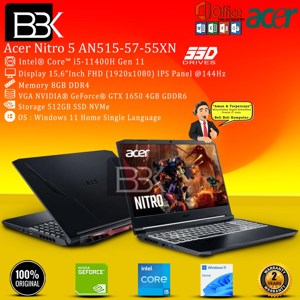 Acer Nitro 5 AN515-57-55XN i5-11400H 8GB 512GB VGA 4GB W11HSL OHS 2YR