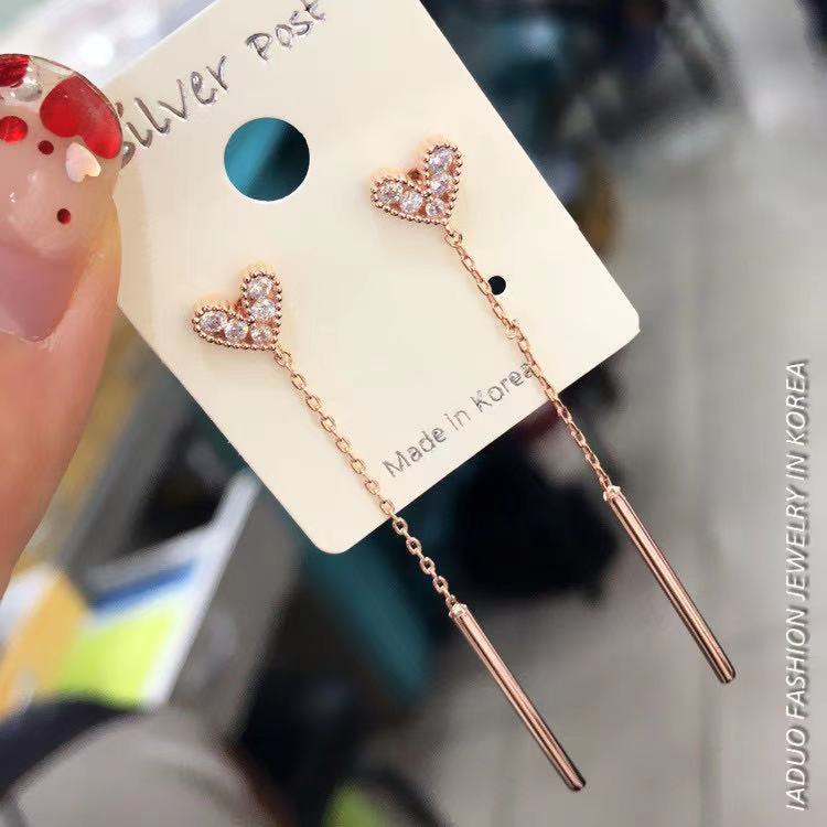 Merah berbentuk hati peach jantung Super Flash zirkon anting-anting wanita temperamen Korea Panjang
