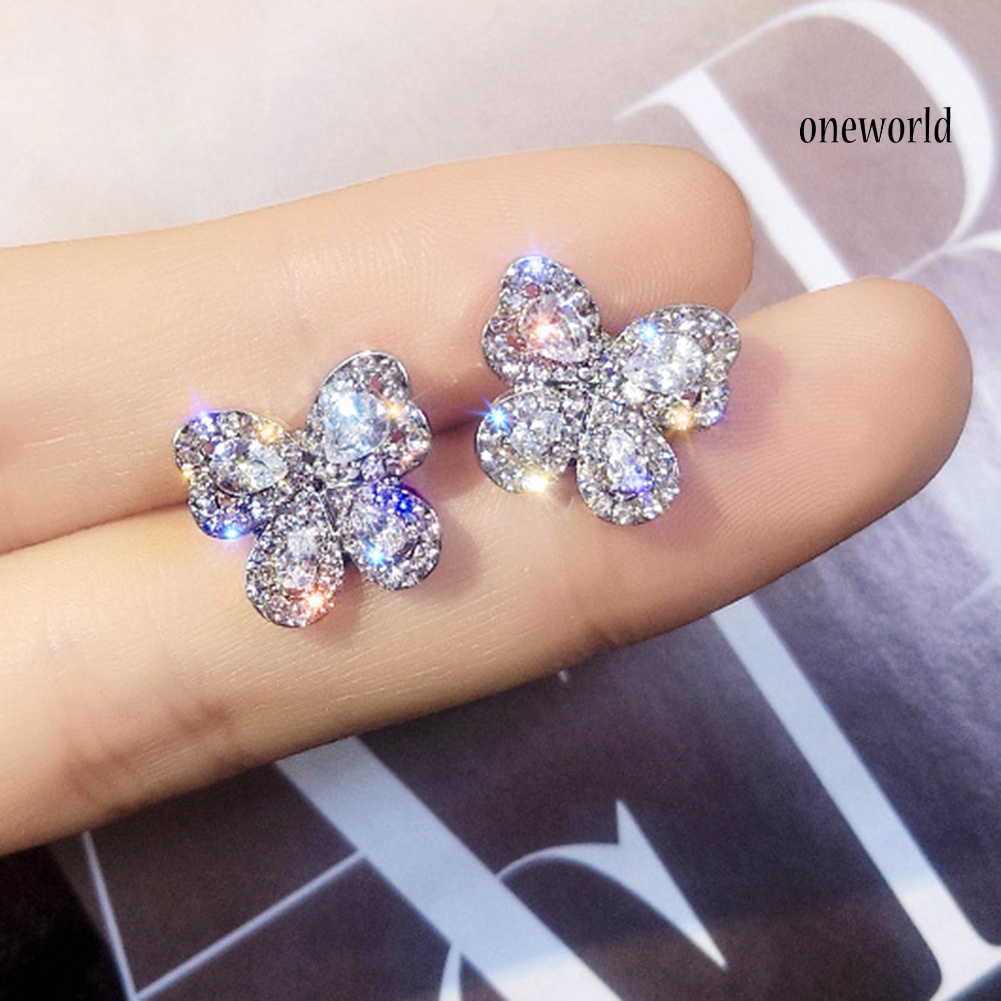 OW@ Elegant Women Full Rhinestone Inlaid Butterfly Shape Stud Earrings Jewelry Gift