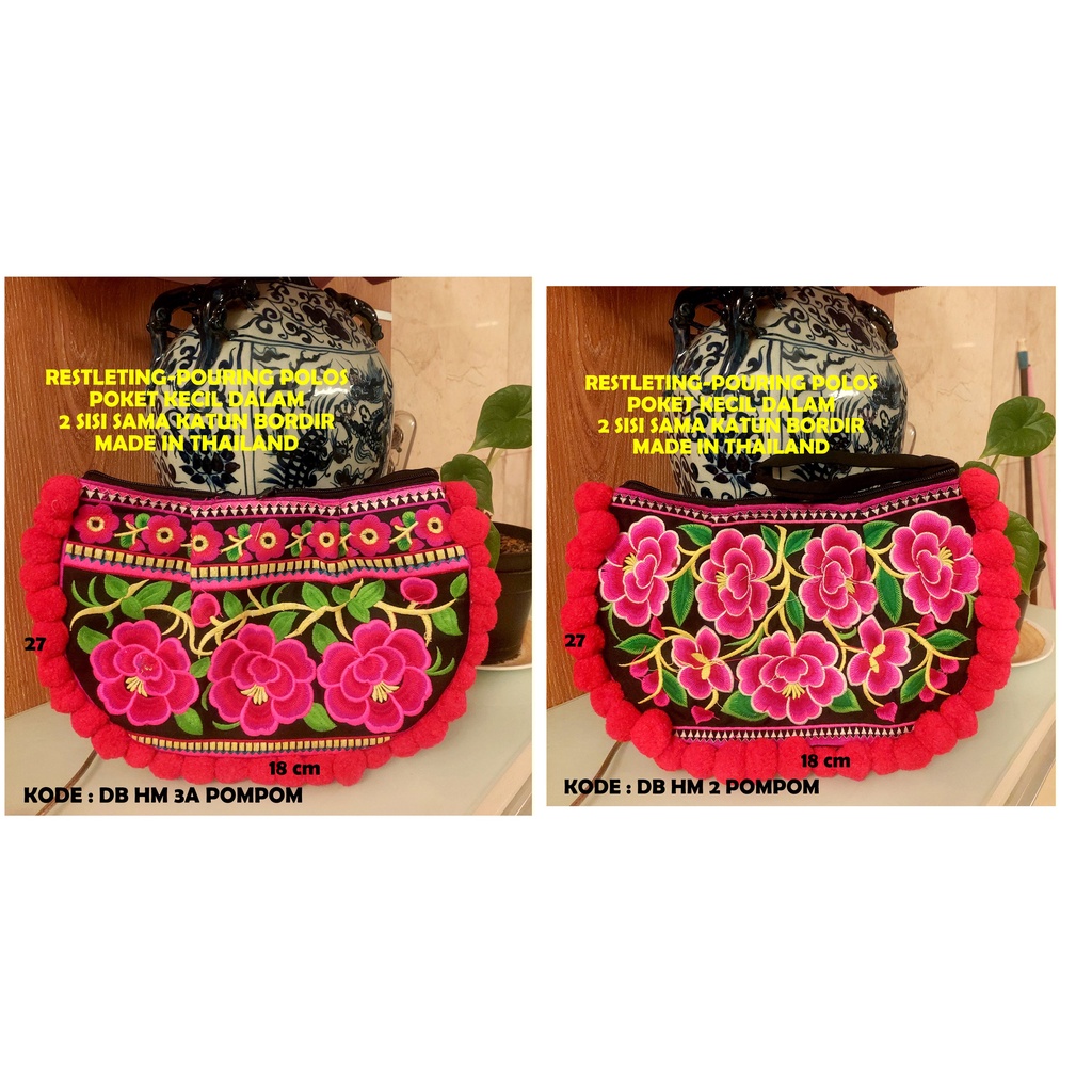 DOMPET BORDIRAN POMPOM/ tas bordiran import/tas thailand/tas slempang/tas etnik/clutch/tas pingang/d